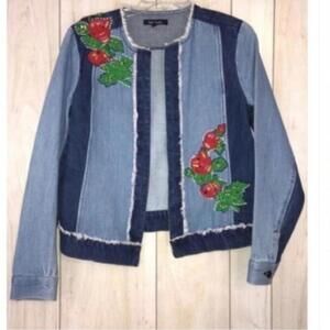 Relativity Beaded Rose Denim Patchwork Jean Jacket